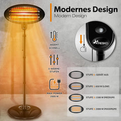 TRESKO Infrarood staande warmtestraler, 2000 W, elektrische warmtestraler voor het terras, met 3 warmtestanden, terrasstraler voor binnen en buiten, infraroodstraler met led-display