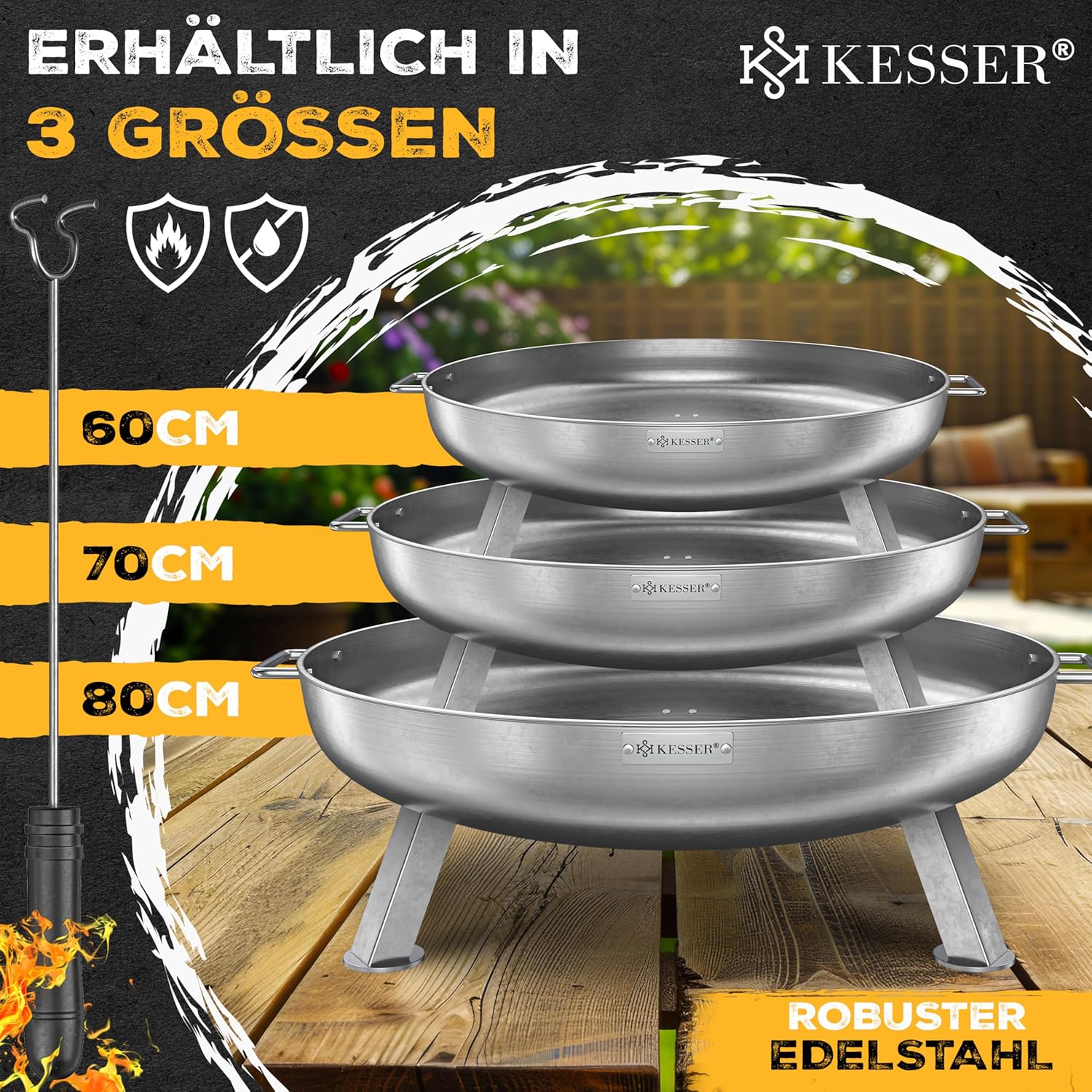 KESSER® Vuurschaal, 2,5 mm staaldikte, vuurkorf Ø 80 cm, roestvrij staal, vuurton + 42 cm vuurhaak, gietijzeren waterafvoer en 2 stabiele handgrepen, hout en kolen, haard voor kampvuur, tuin en terras
