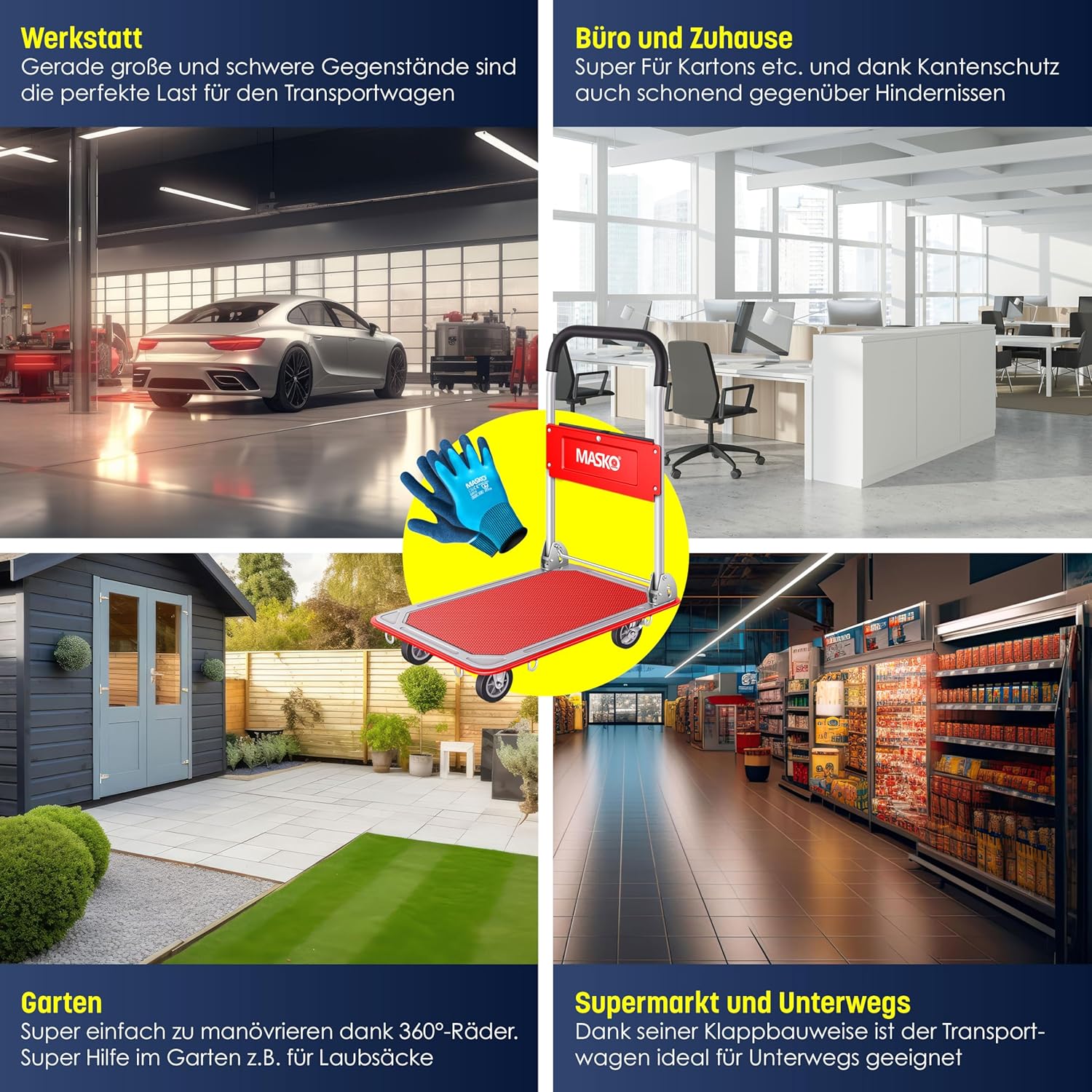 MASKO® Platformwagen, transportwagen, magazijnwagen, inklapbaar, incl. werkhandschoenen, parkeerrem, transporthulp, met 6 veiligheidsogen, 360° zwenkwielen, pakketwagen vouwwagen (rood, 150 kg)
