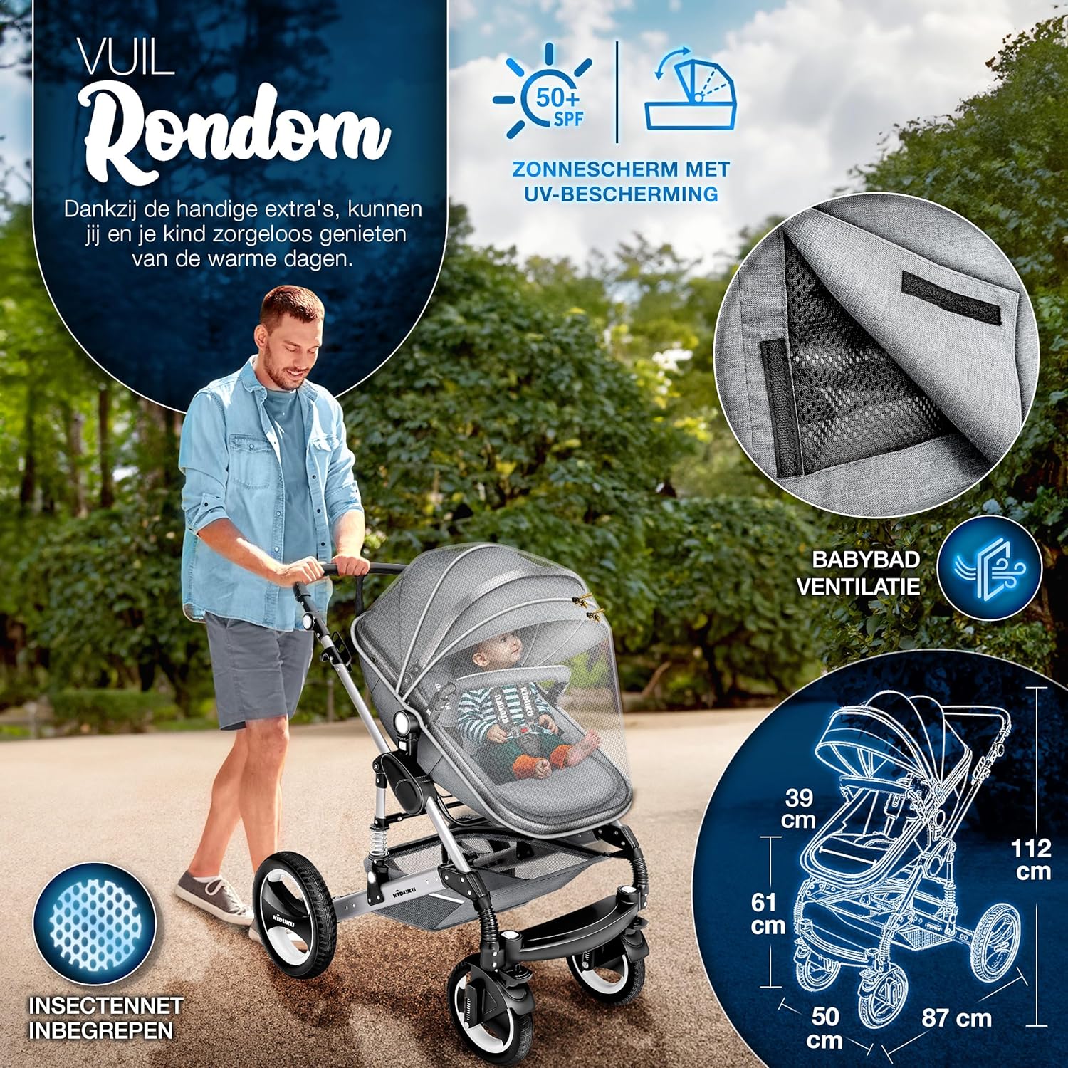 Kinderwagen 3 in 1 - Buggy - Wandelwagen - Kinderbuggy - Lichtgrijs - KIDUKU®