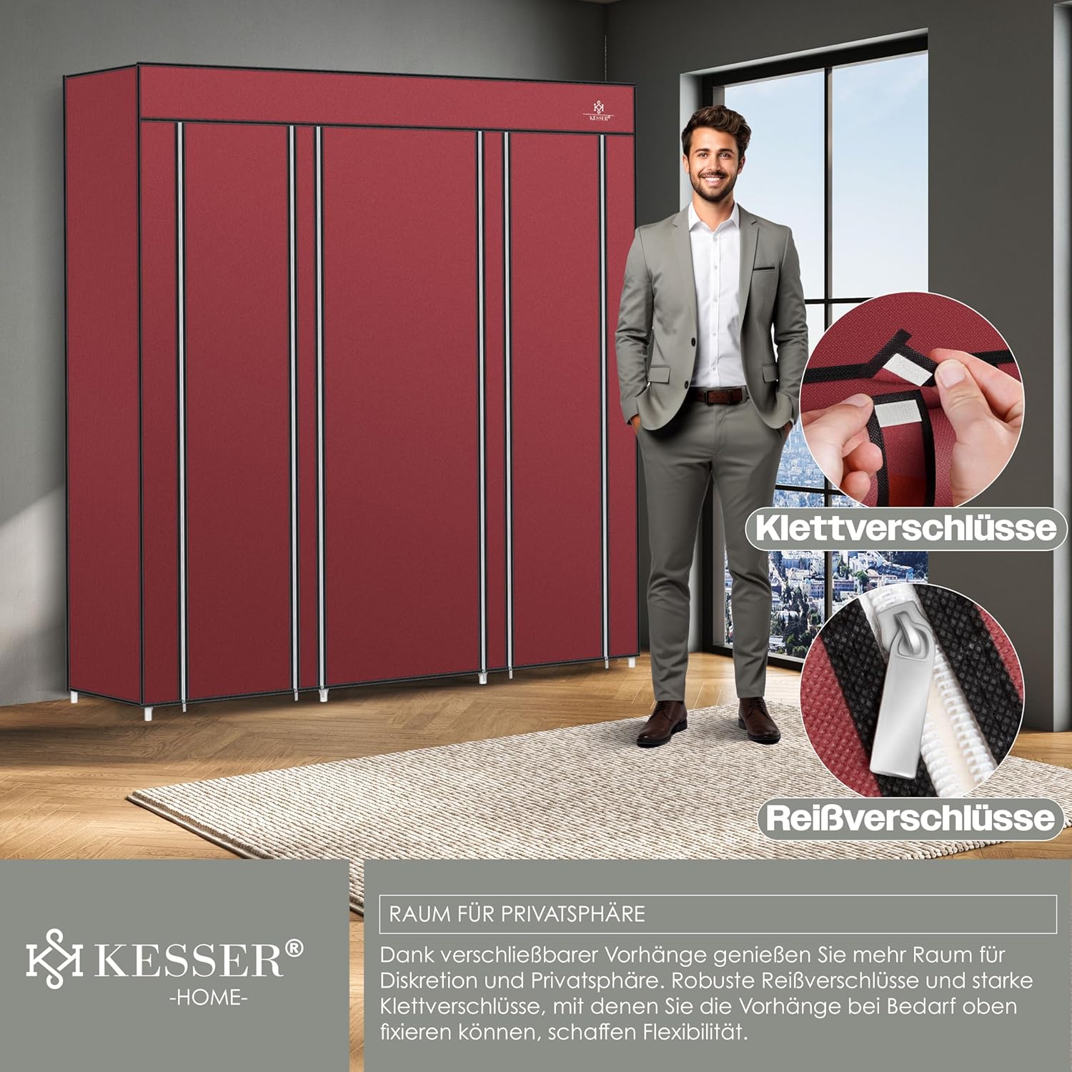 KESSER® Kledingkast stoffen kast stabiel met kledingstang en planken, incl. 5x kleerhangers, stoffen vouwkast voor slaapkamer, kleedkamer garderobe met kledingrek 150x45x175cm Bordeaux rood