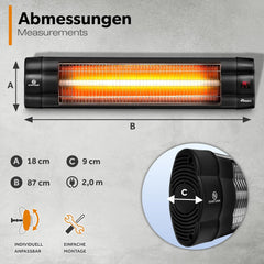 TRESKO Infrarood warmtestraler, 2500 W, met afstandsbediening, met 3 warmtestanden, terrasstraler, binnen en buiten, wand-infraroodstraler met led-display •