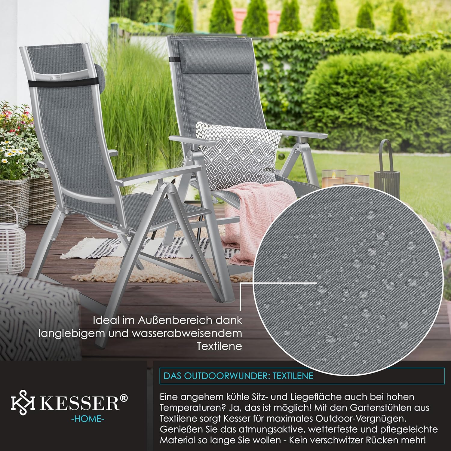 KESSER® Tuinstoel met hoge rugleuning met armleuningen, aluminium klapstoel met hoofdkussen en afdekking, campingstoel, 7-voudig verstelbare rugleuning, ademend en weerbestendig