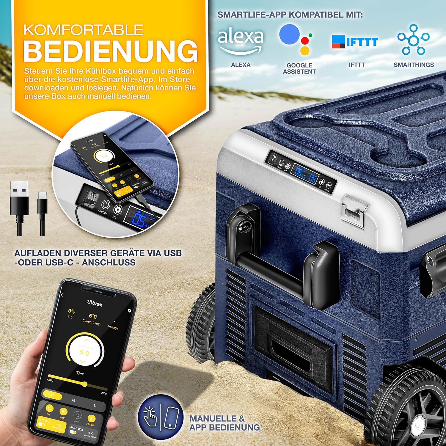 Tillvex® Elektrische Koelbox - Op accu - tot -20°C - 40L - Blauw