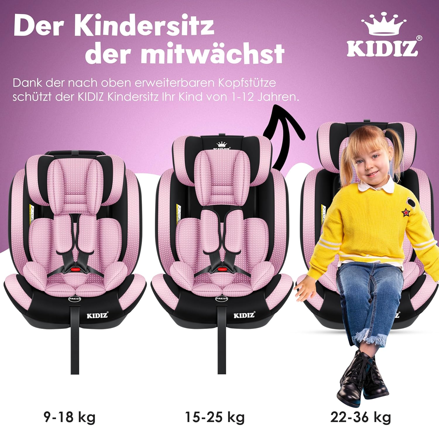 KIDIZ® Autostoeltje - 5-punts veiligheidsgordel - Roze