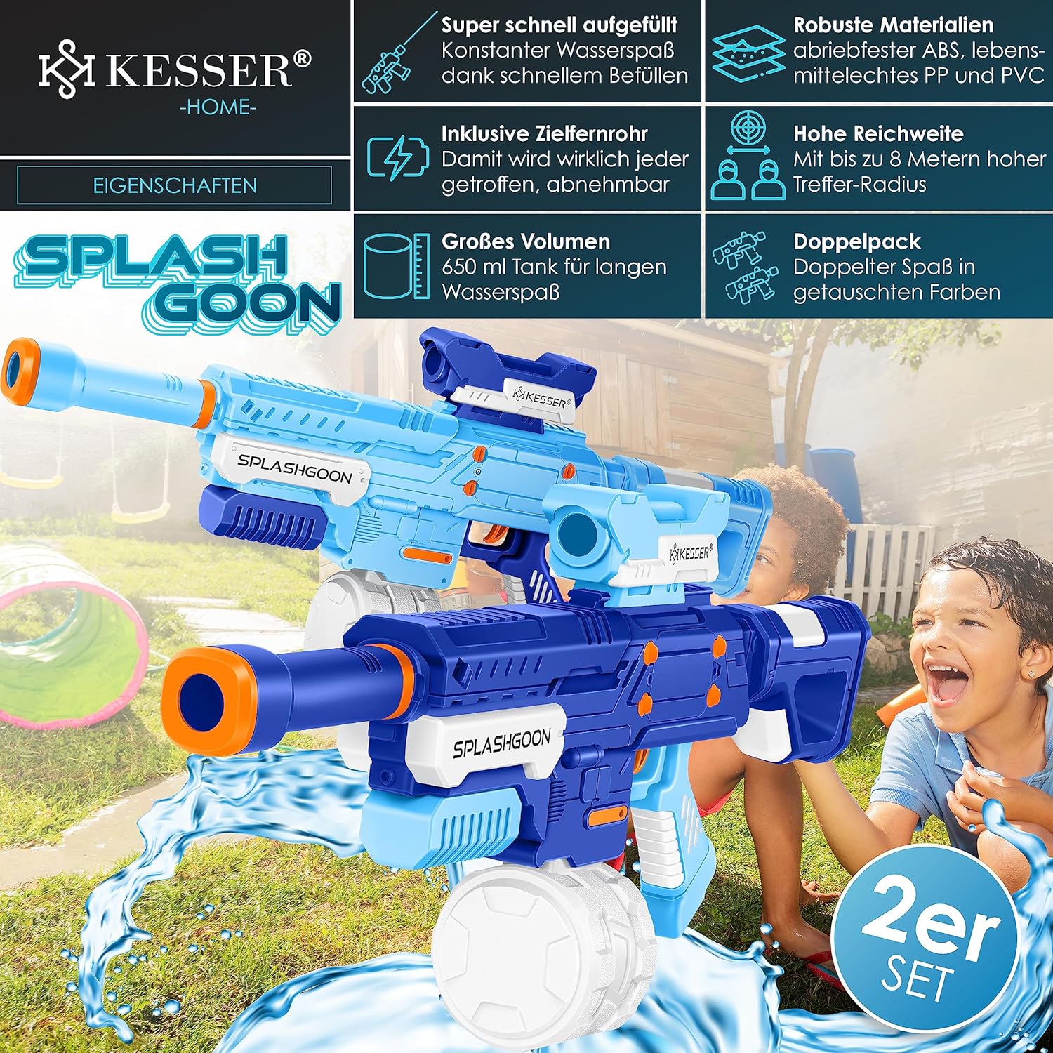 KESSER® Waterpistool set van 2 waterpistolen spuitpistolen incl. telescoopvizier zeer sterk bereik 8 m, inhoud 650 ml speelgoed buiten voor kinderen en volwassenen (lichtblauw/marineblauw)