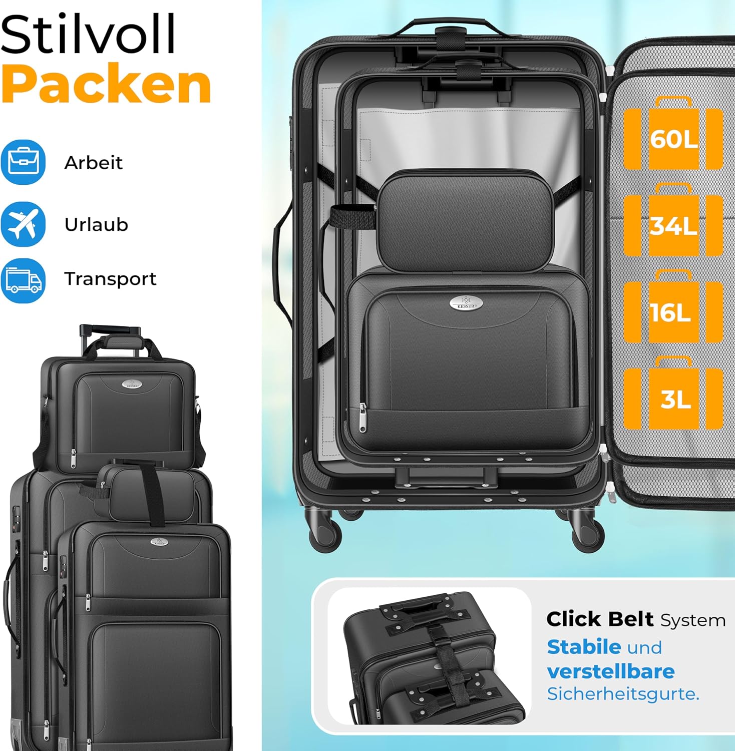 KESSER® Reiskofferset - 4-delig - Trolley - Kofferset - Antraciet