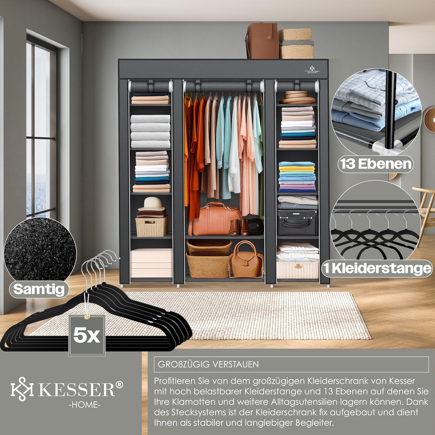 KESSER® Kledingkast stoffen kast stabiel met kledingstang en planken, incl. 5 x kleerhangers, stoffen vouwkast voor slaapkamer, kleedkamer garderobe met kledingrek 150x45x175cm antraciet