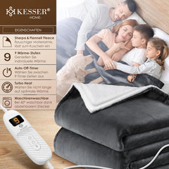 KESSER® Elektrische deken met automatische uitschakeling, 180 x 130 cm, dubbelzijdig elektrische warmtedeken, knuffeldeken, bed, bank, 9 temperatuurniveaus, wasbaar tot 40 °C, met timer, digitaal