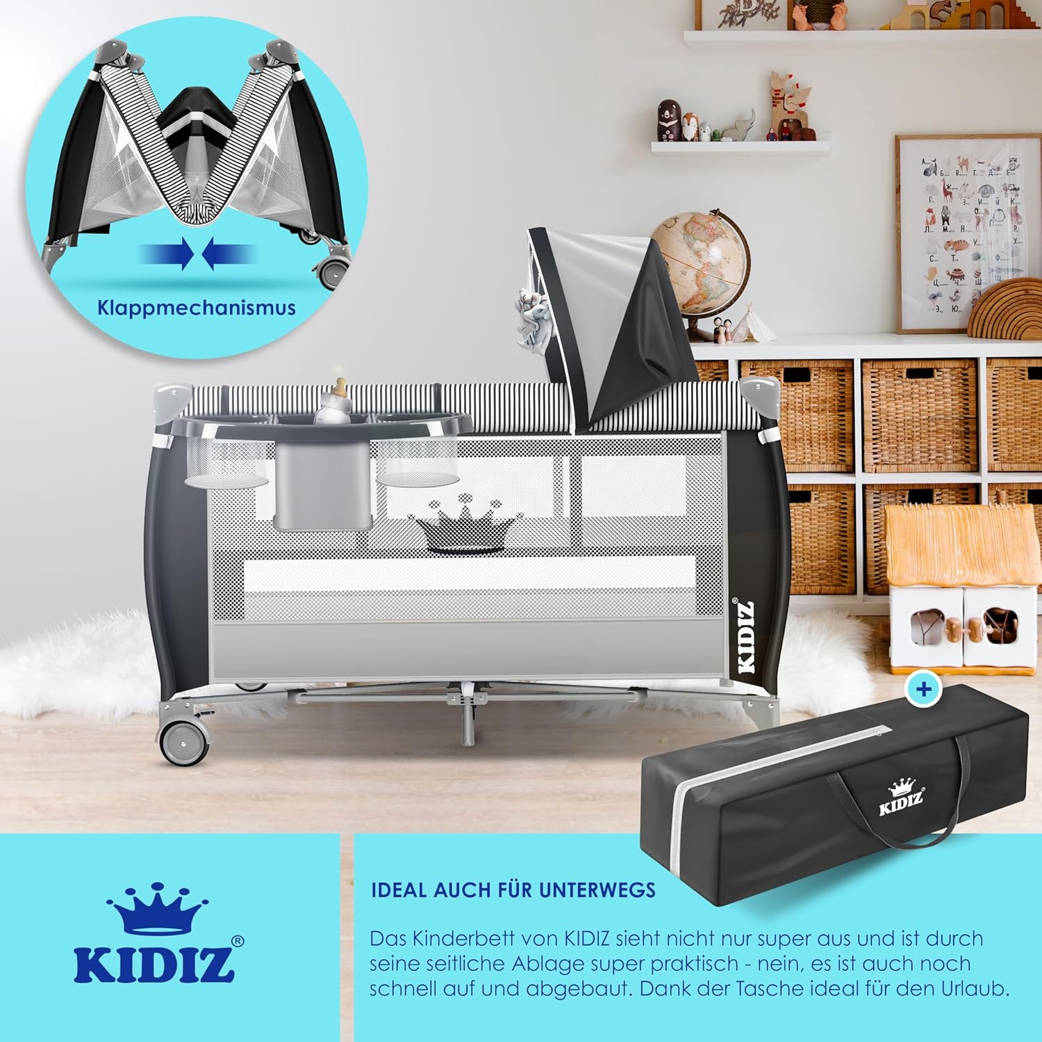 KIDIZ® 3in1 Babybedje - Campingbedje - Ledikant  - Zwart