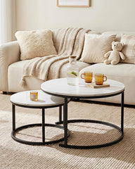 AMVEYA Salontafel, rond, wit, set van 2, woonkamertafel, rond, wit, salontafel met wit marmereffect, bijzettafels voor de woonkamer met zwart frame