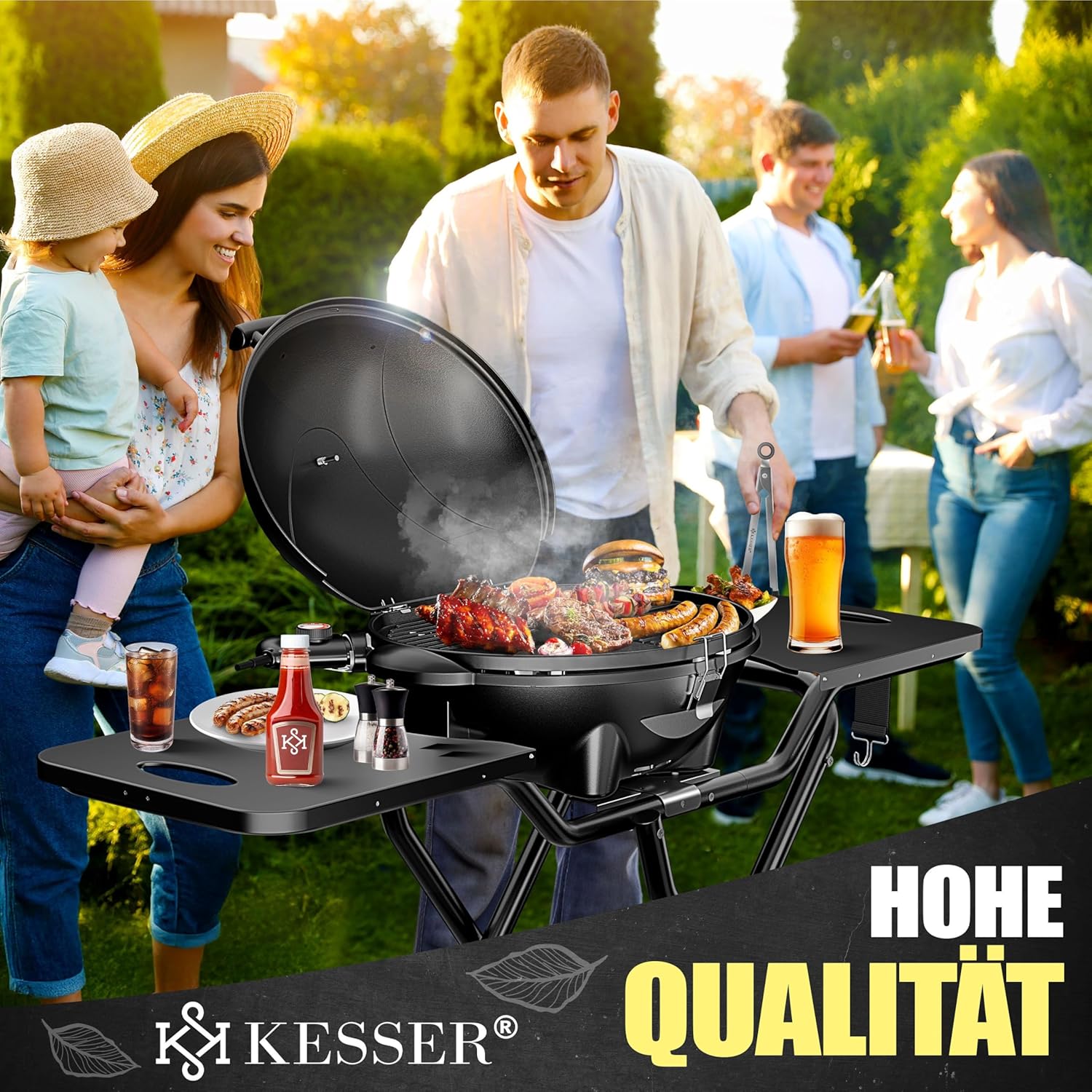 Kesser Tafelbarbecue, elektrisch, 2-in-1, met deksel en voet, max. 2400 watt, inklapbaar, thermometer, antiaanbaklaag, grillplaat en tafelblad, 2 wielen, zwart, zwart