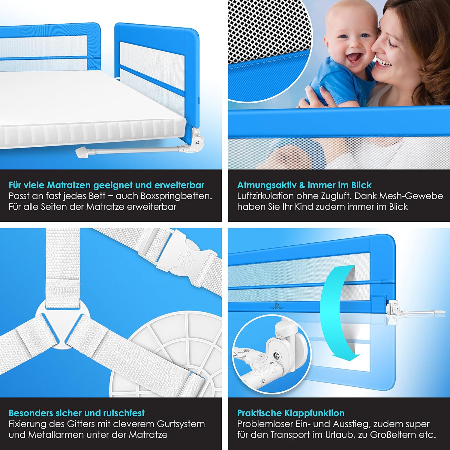 KESSER® Bedhek, 200 cm, bedhek, kinderbedhek, kinderbedhek, inklapbaar, draagbaar, kinderbedbeschermingshek, valbeveiliging, bed en ouderbed hoog: 42 cm, blauw