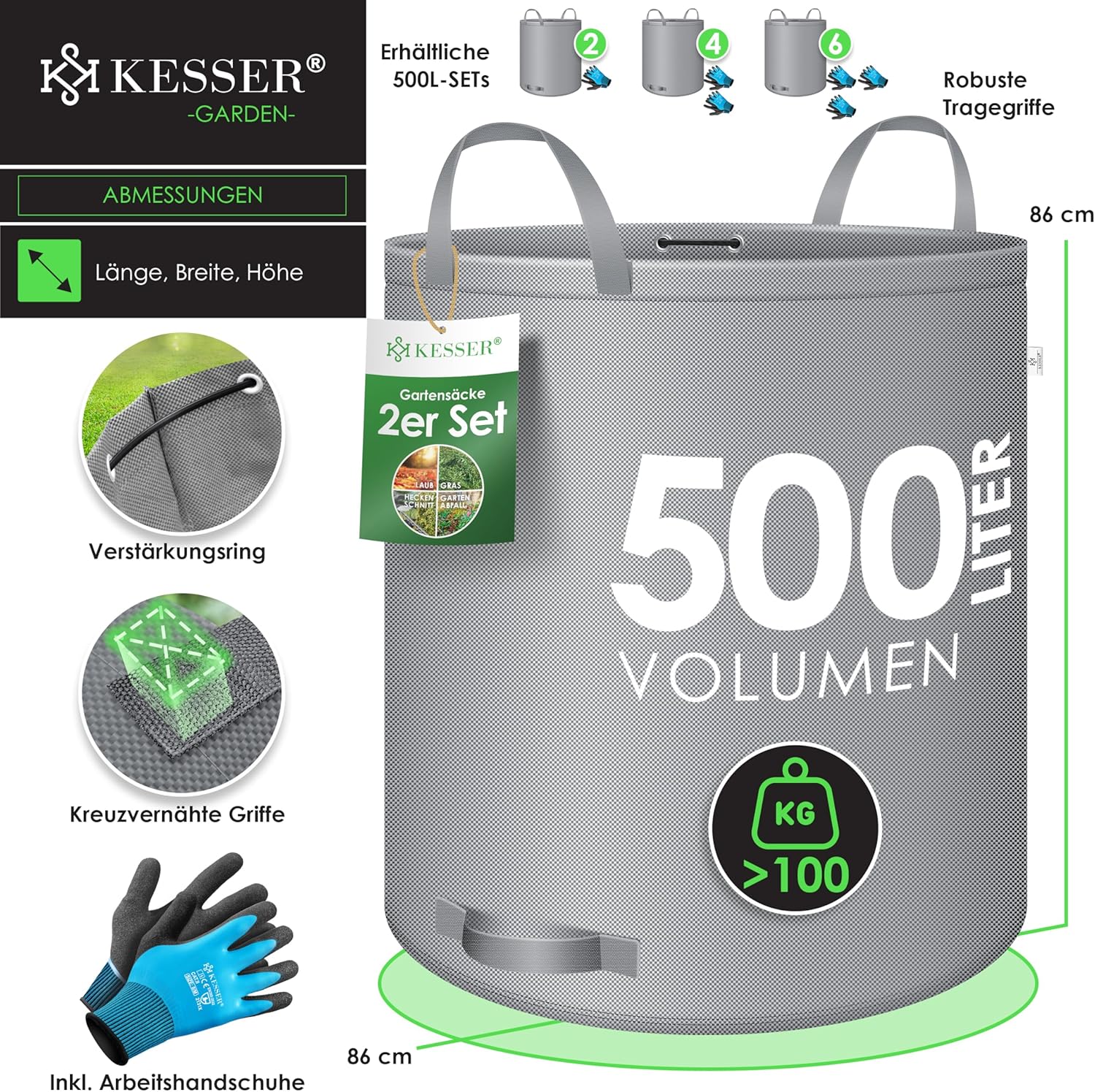 KESSER® Tuinafvalzak - Sterke Tuinzak - Bladzak - 2x500L - Grijs