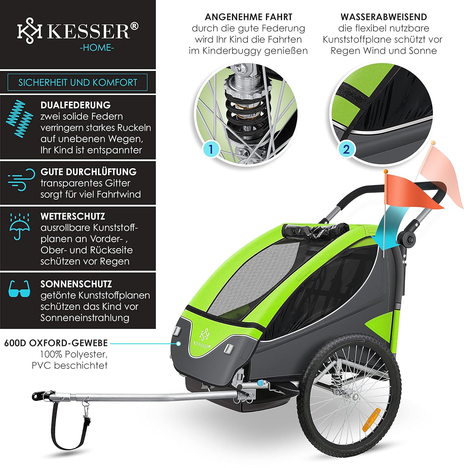 Fietskar kinderen - Fietsaanhanger - tot 40kg - Groen •