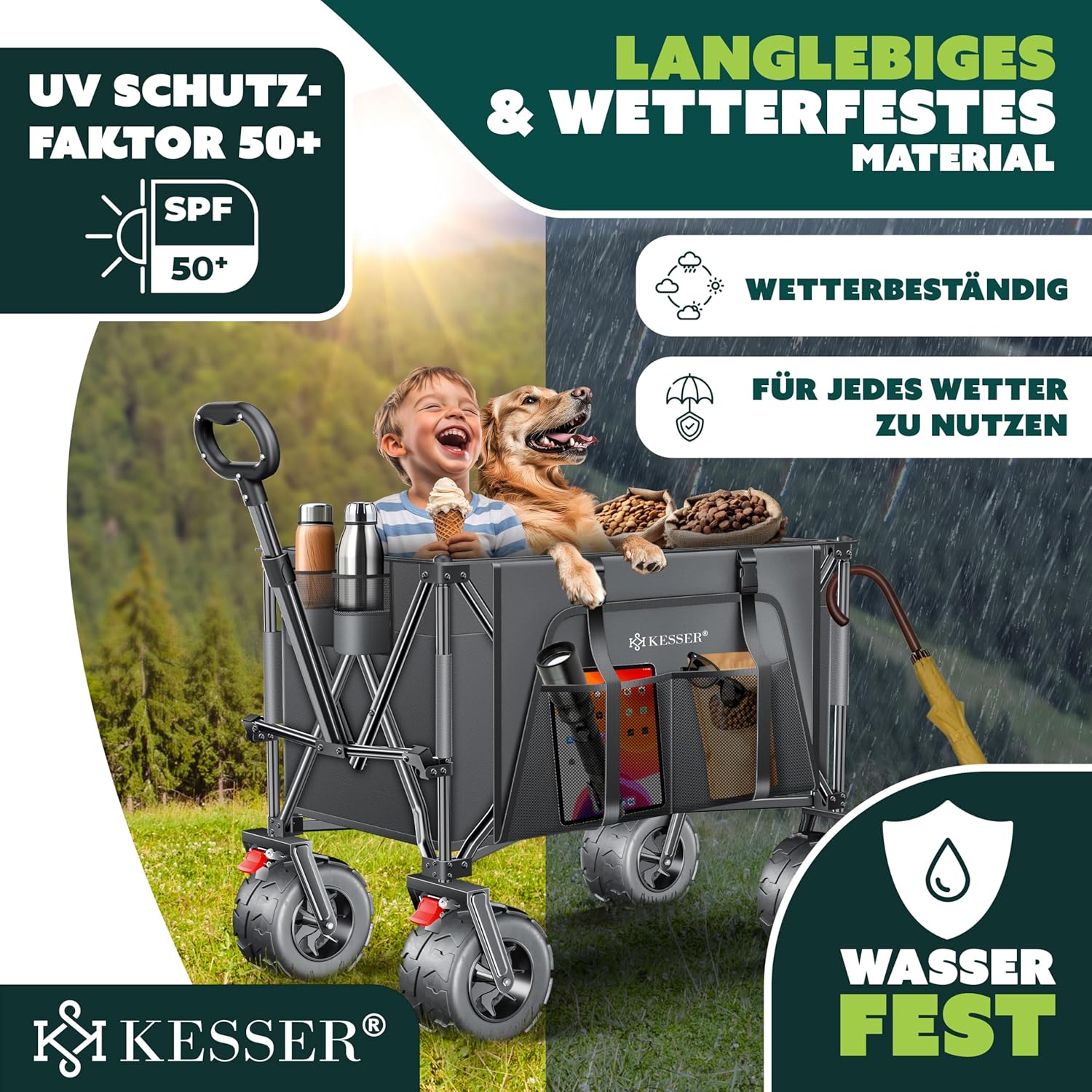 KESSER® Bolderkar, GTR9000, handwagen, 200 kg, 300 liter, opvouwbaar, brede 360° luchtwielen en parkeerremmen, weerbestendig, strandwagen, incl. afdekking, zijzak en bekerhouder
