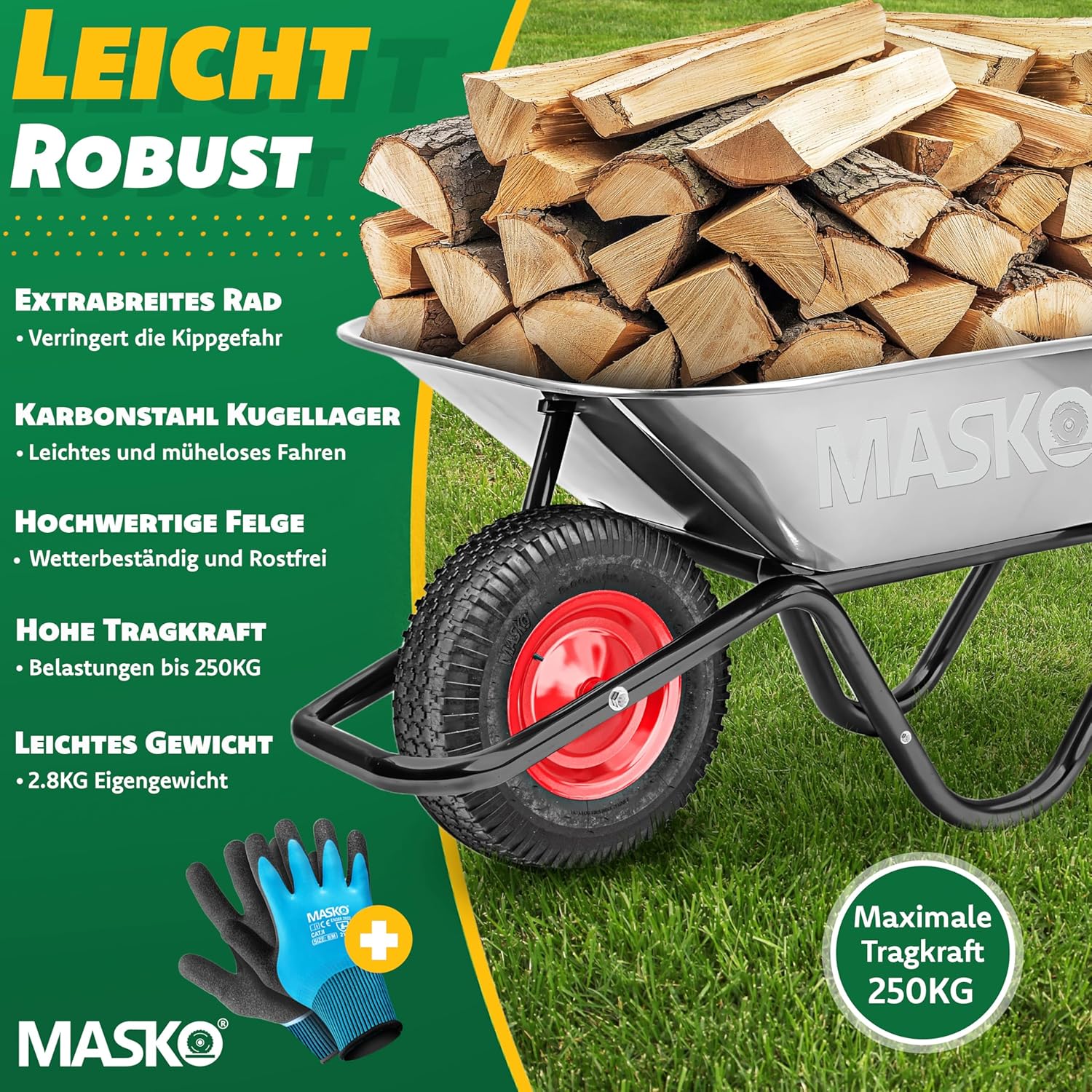 MASKO® Kruiwagenwiel - 40cm - 250kg - Lekbestendig - Rood