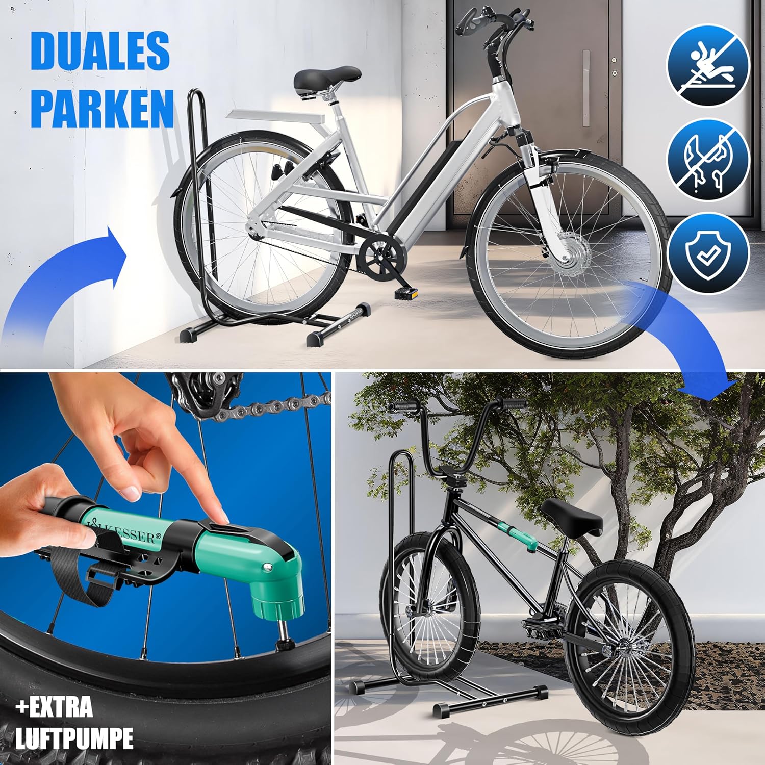 KESSER® Fietsstandaard grond afzonderlijk voor mountainbike, e-bike, stadsfiets, racefiets, MTB | fietsmontagestandaard | vrijstaande fietshouder standaard ijzer | bandbreedte tot 65 mm