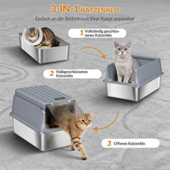 FOBYFURNY FPLB001SG2 Roestvrijstalen kattenbak met deksel, XXL, gesloten metalen kattenbak met schep en voettrede, uitneembaar, 120° klapdeksel, gemakkelijk te reinigen, donkergrijs