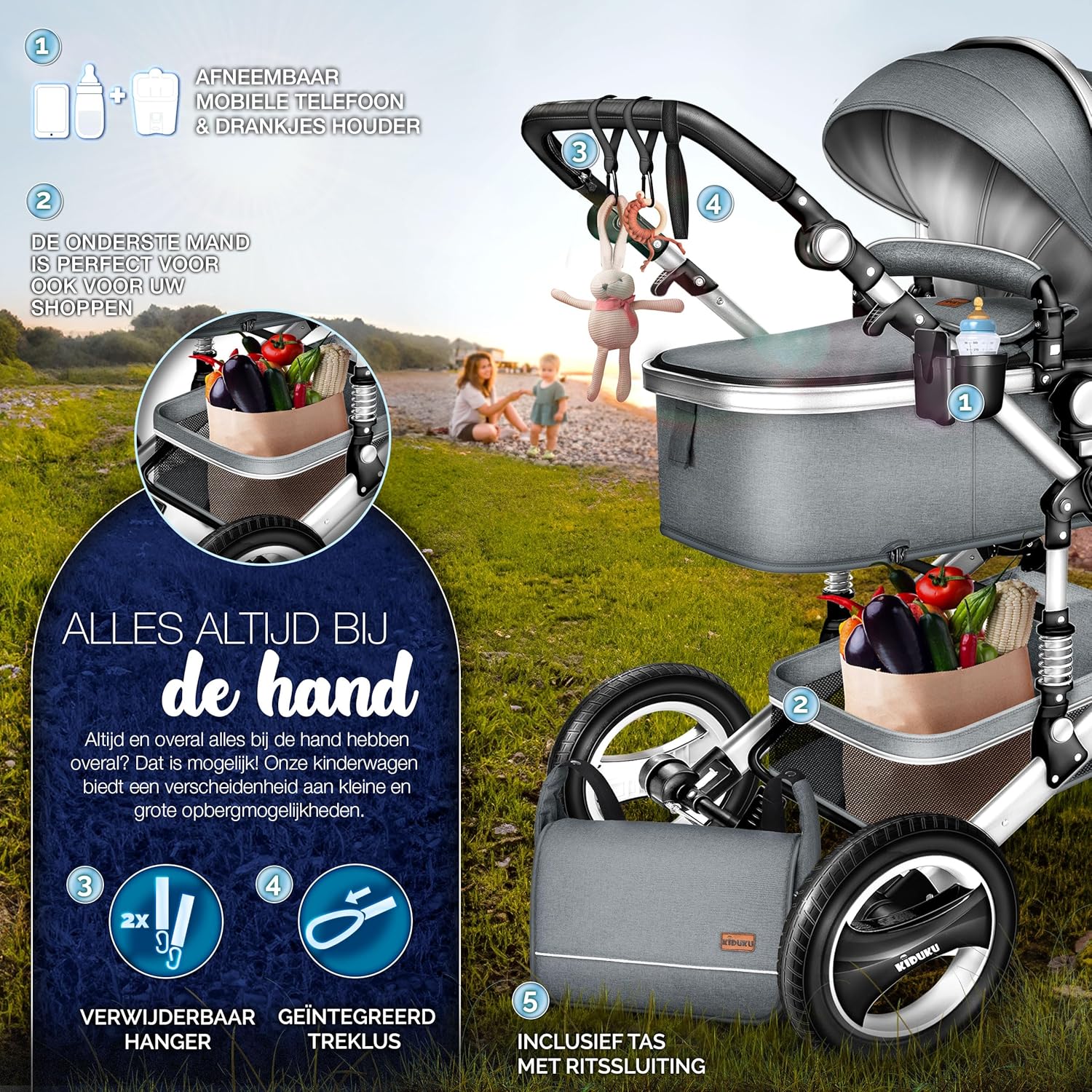 Kinderwagen 3 in 1 - Buggy - Wandelwagen - Kinderbuggy - Lichtgrijs - KIDUKU®
