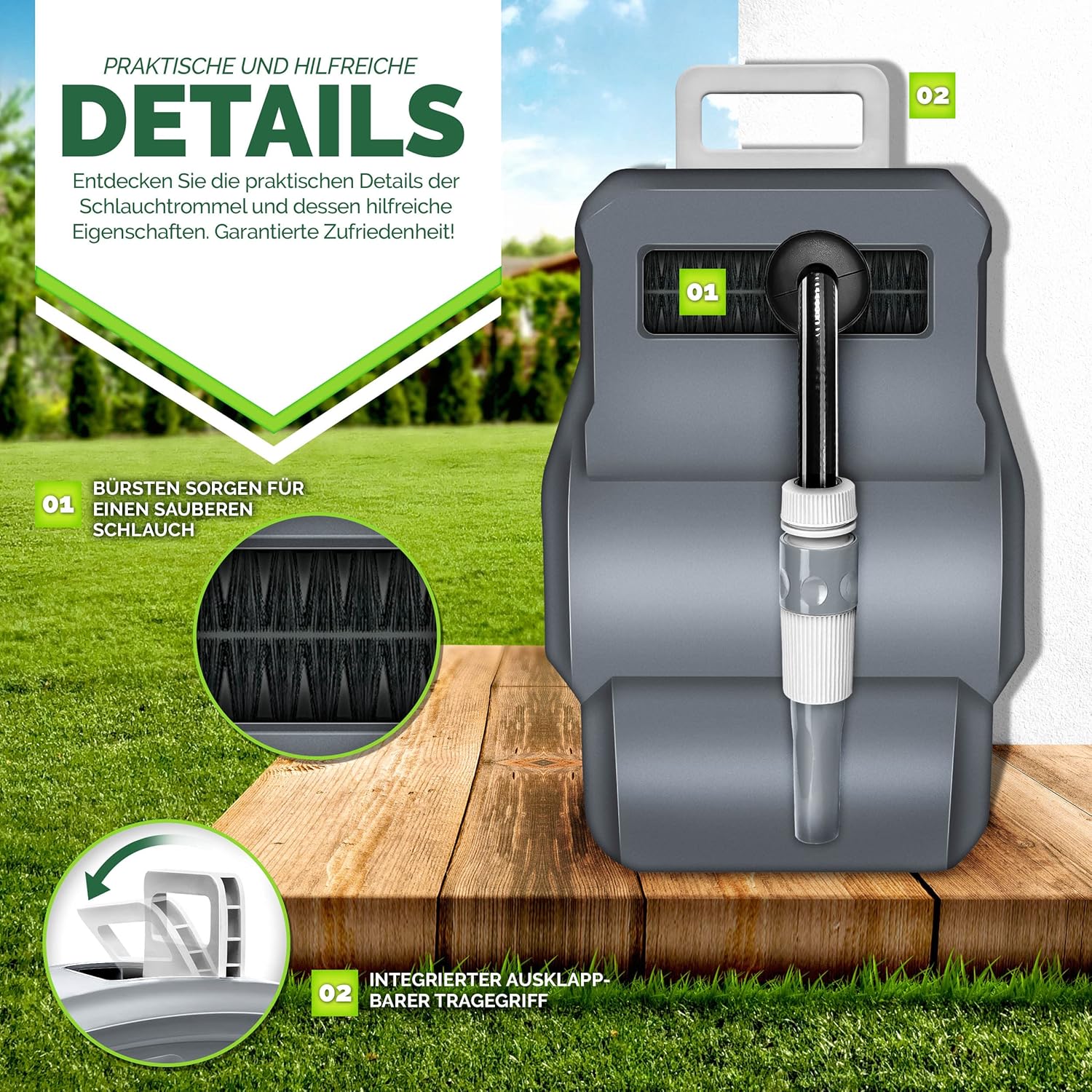 tillvex Slanghaspel water 30 + 2 m met wandhouder + draaggreep | slanghaspel met handdouche en tuinslang | 180° draaibaar | wandslanghaspel met automatisch oprolmechanisme | grijs •