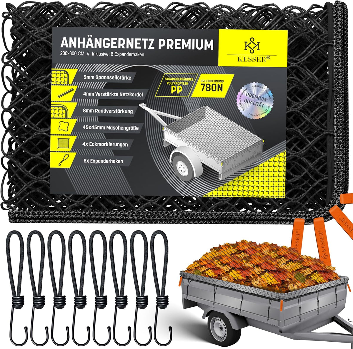 KESSER® Aanhangernet, 2 x 3 m, fijnmazig | aanhangernet met spankabel en netkoord, containernet voor het vastzetten van lading, veiligheidsnet, hoekmarkeringen, expanderhaken en bevestigingsknoppen