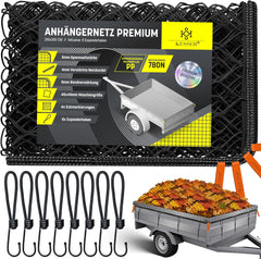 KESSER® Aanhangernet, 2 x 3 m, fijnmazig | aanhangernet met spankabel en netkoord, containernet voor het vastzetten van lading, veiligheidsnet, hoekmarkeringen, expanderhaken en bevestigingsknoppen