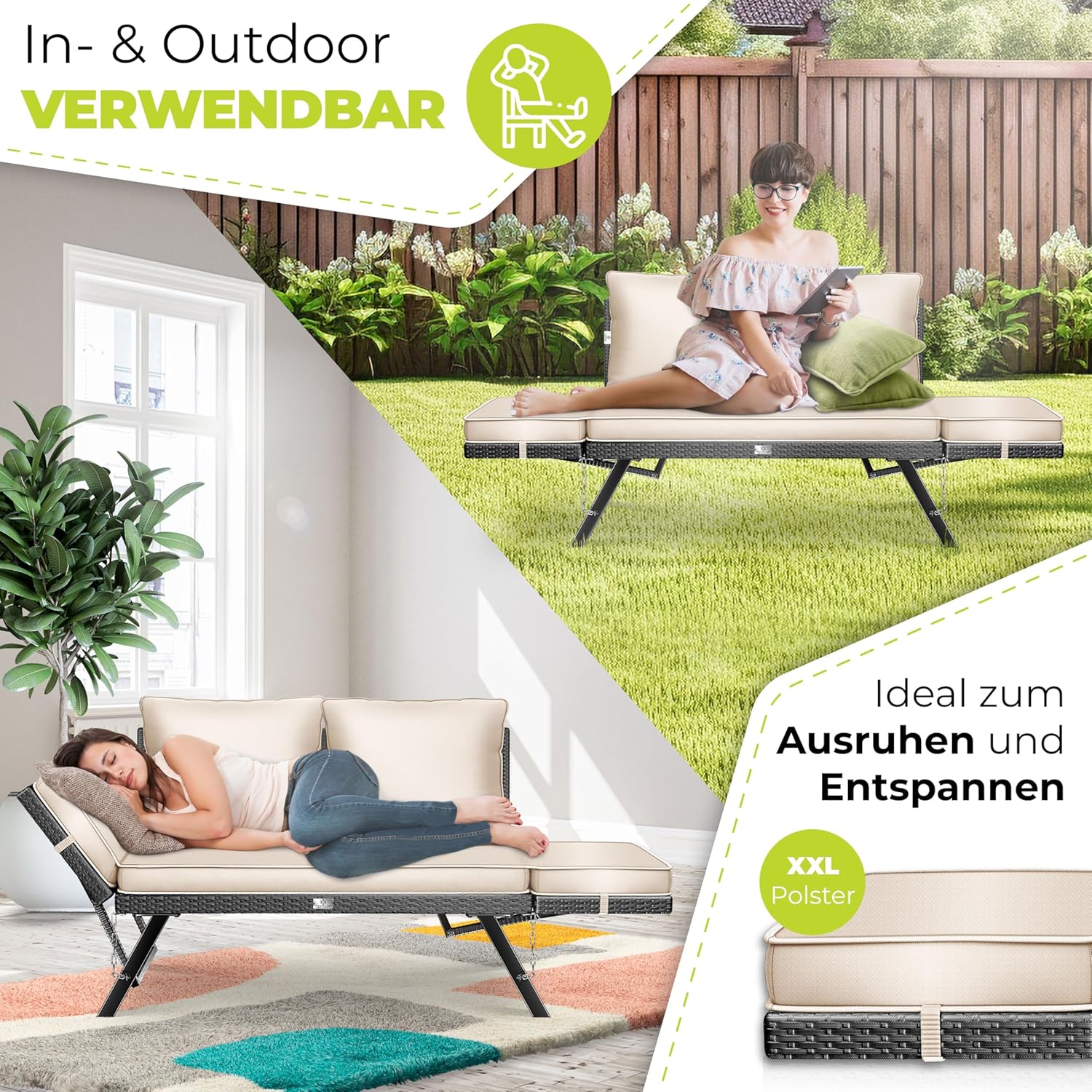 KESSER® Luna Tuinbank, polyrotan, met ligfunctie, 4-in-1 verstelfunctie, weerbestendig, balkonbank, verstelbare armleuningen, extra dikke en zachte bekleding, voor tuin/balkon/terras