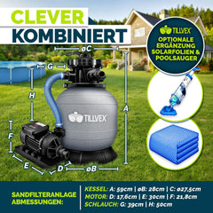 tillvex® Zandfilterinstallatie zwembad met timer 7.900L/u incl. 400g filterballen | Filterinstallatie 7-weg ventiel & 2in1 adapter Ø32mm - 38mm | zwembadfilter met drukweergave zandfilter zwembad - met timer