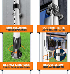 KESSER® Klemluifel met handslinger en led-lichtsnoer, balkonluifel zonder boren, luifel uv-bestendig, in hoogte verstelbaar en waterafstotend, zonwering voor balkon, terras en tuin, 200 cm