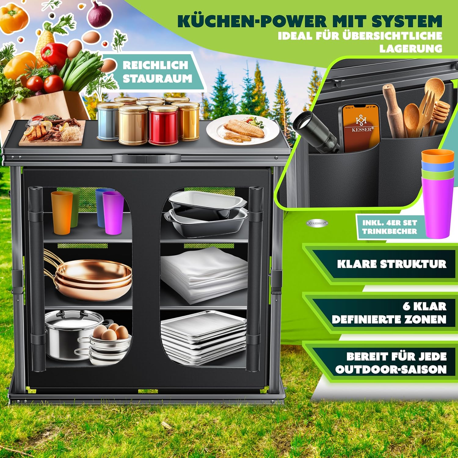 KESSER® Campingkeuken, opvouwbaar, outdoor campingkast, 84 x 80 cm, keukenkast met aluminium frame, 6 vakken incl. 4-delige bekerset, zijvakken en vliegengaas, campingkeuken van UV-bestendige stof