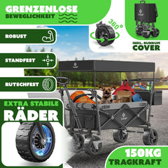 KESSER® XXL bolderkar, opvouwbaar, met dak, GT9000, inklapbare handwagen tot 150 kg, voor kinderen, strand, camping en tuin, grote transportwagen met hardrubberen wielen, remmen voor en achter +