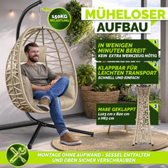 tillvex® Hangstoel met frame, outdoor en weerbestendige afdekking incl. bevestiging, hangmand inklapbaar tot 150 kg, hangstoel van rotan, hangstoel voor binnen, tuin, balkon, terras (taupe)
