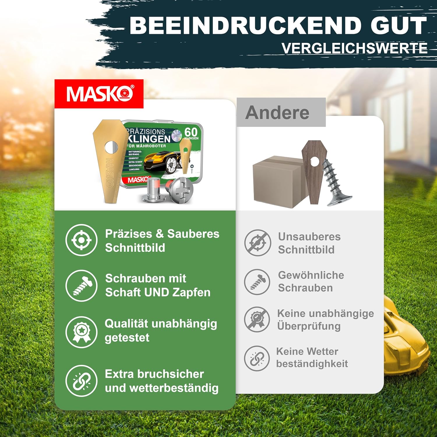 MASKO® Reservemesjes voor robotmaaiers, universeel incl. innovatieve schroeven, reservemessen voor robotmaaier, duurzame titanium coating, compatibel met Bosch, 12 stuks