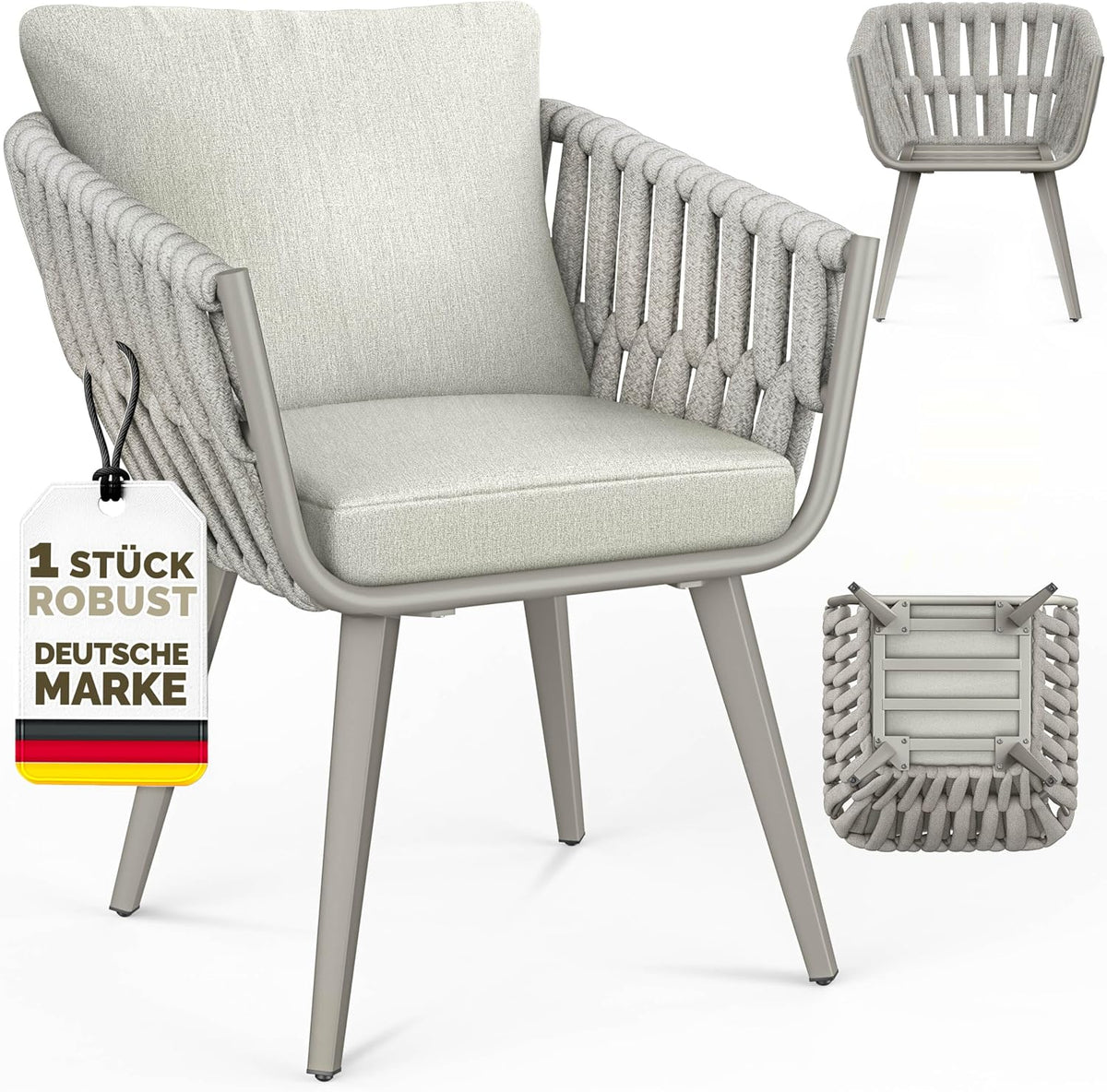 tillvex® Tuinstoel, 1 stuk, weerbestendig, met armleuning, outdoorstoelen tot 160 kg belastbaar, tuinstoelen, uv-bestendig, terrasstoel, touwstoel, tuinmeubelen, terras, balkon, tuin, beige
