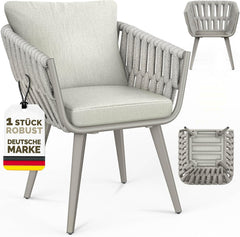 tillvex® Tuinstoel, 1 stuk, weerbestendig, met armleuning, outdoorstoelen tot 160 kg belastbaar, tuinstoelen, uv-bestendig, terrasstoel, touwstoel, tuinmeubelen, terras, balkon, tuin, beige