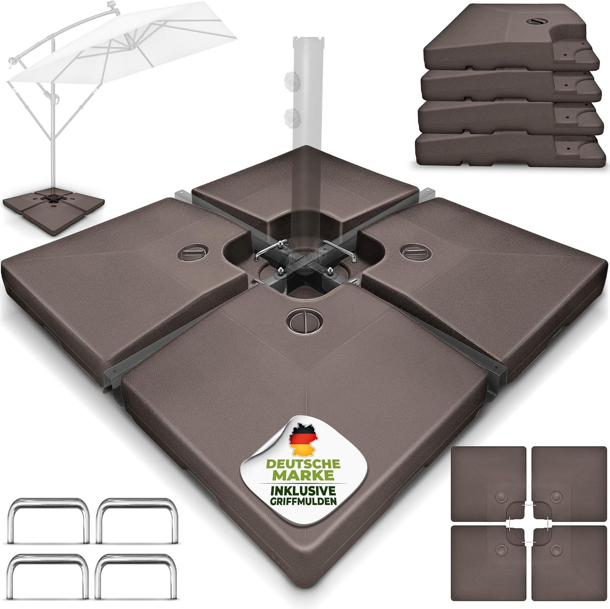 tillvex® Parasolstandaard 90 liter / 120 kg – 4-delig voor zweefparasol incl. metalen connector | parasolgewicht vulbaar met water of zand | parasolstandaard zweefparasolstandaard weerbestendig (bruin)