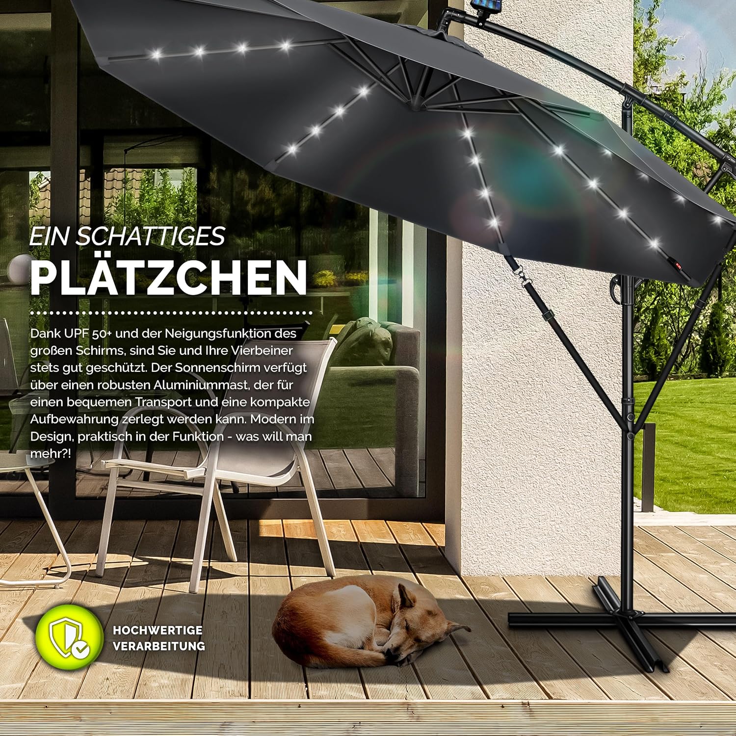Tillvex® LED Parasol - Zweefparasol - Ø300cm - 360° Draaibaar - Antraciet •