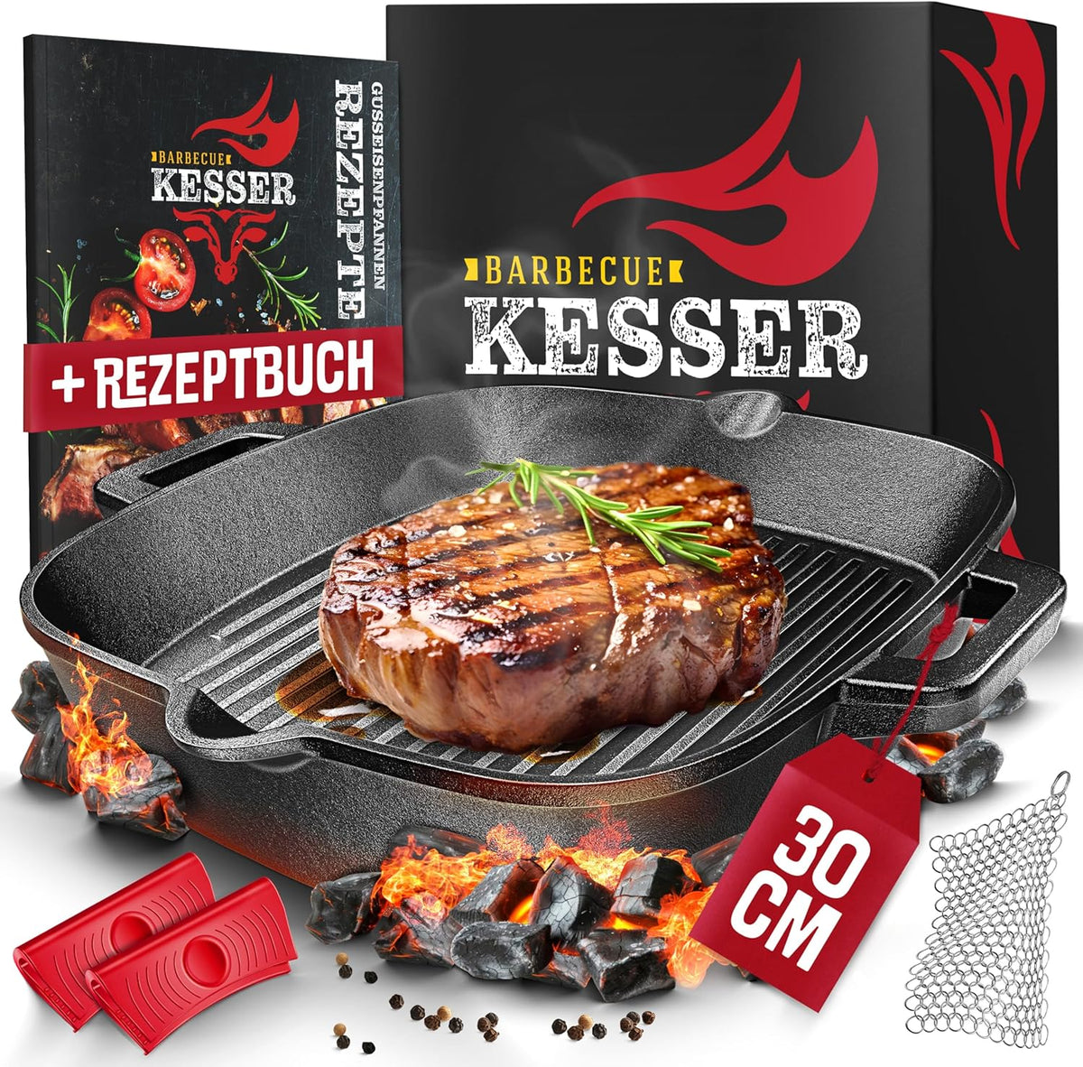 KESSER® Gietijzeren grillpan, inductie, 30 cm, gietijzeren pan, braadpan, gietijzeren pan voor gasgrill, oven, kolengrill, steakpan, incl. beschermende handgrepen, receptenboek en ringreiniger
