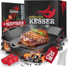 KESSER® Gietijzeren grillpan, inductie, 30 cm, gietijzeren pan, braadpan, gietijzeren pan voor gasgrill, oven, kolengrill, steakpan, incl. beschermende handgrepen, receptenboek en ringreiniger