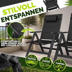 tillvex® Tuinstoel met hoge rugleuning, 1 stuk, met armleuningen en hoofdkussen | Klapstoel 7-voudig verstelbaar incl. bekleding | campingstoel inklapbaar, weerbestendig en ademend | tuinstoelen aluminium