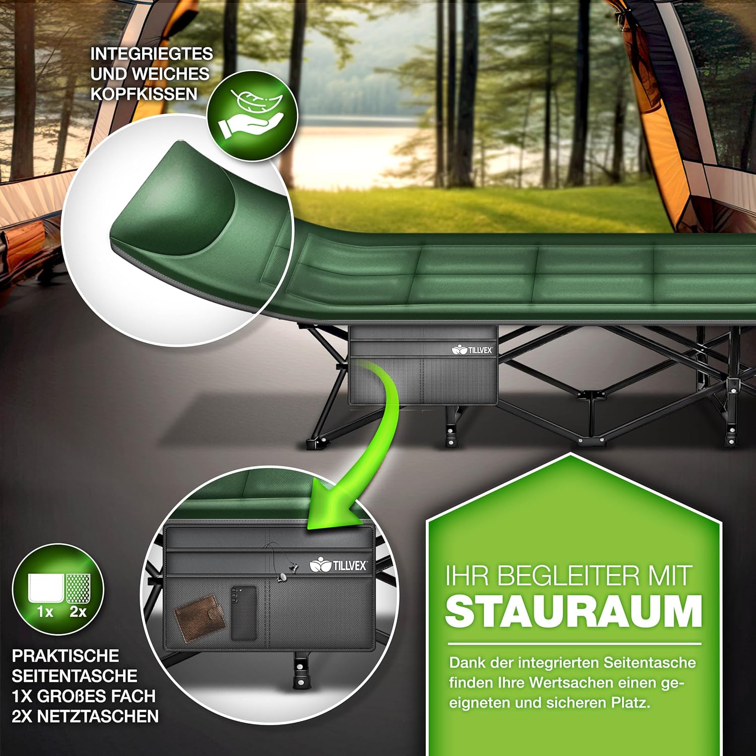 Veldbed - 1 Persoons - Kampeerbed - Stretcher - Groen - Tillvex®