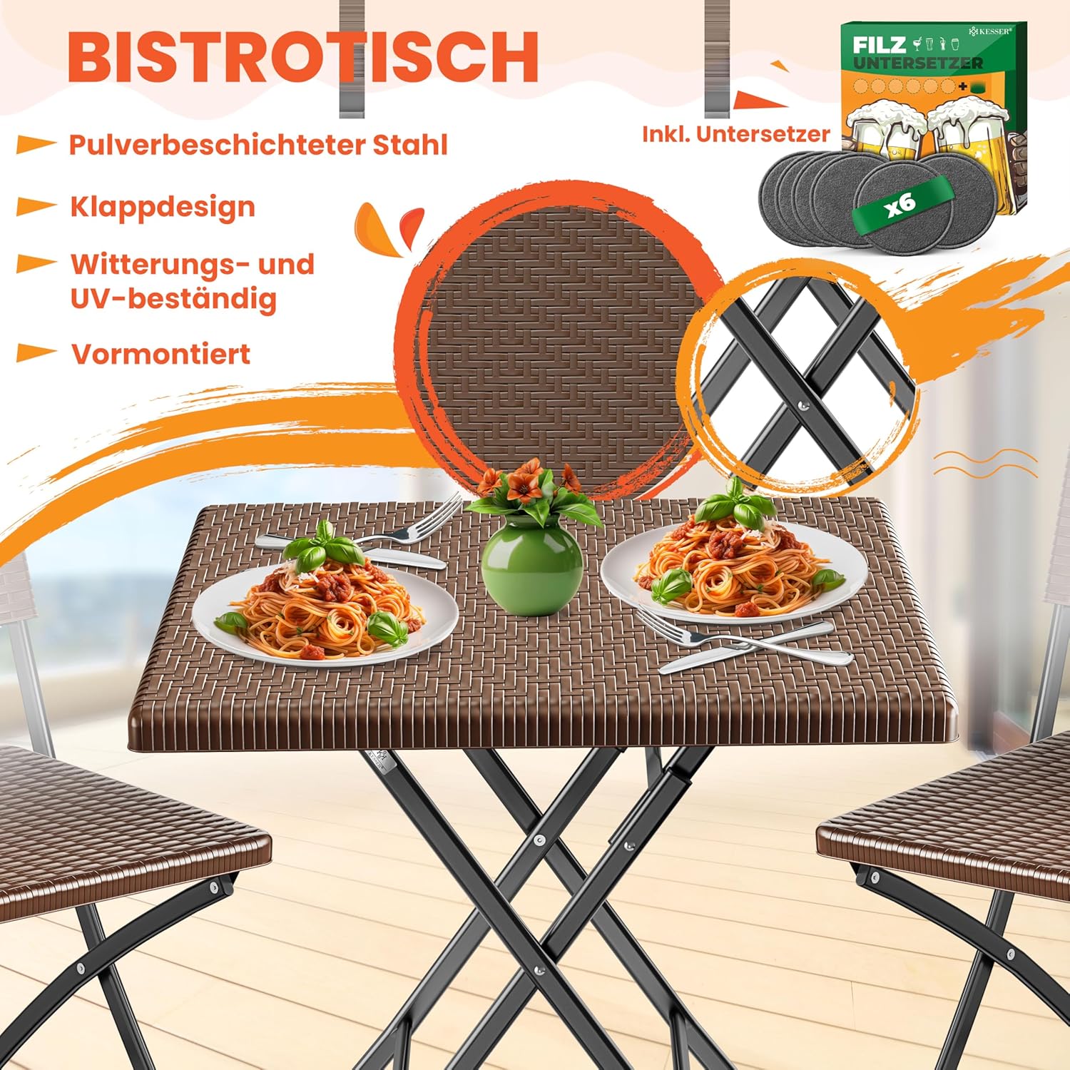 KESSER® Balkontafel, inklapbaar, weerbestendig/UV-bestendig, gecoat staal en rotan-look, outdoor tuintafel, tuinmeubelen met 6 vilten onderzetters, bistrotafel, tot 100 kg belastbaar