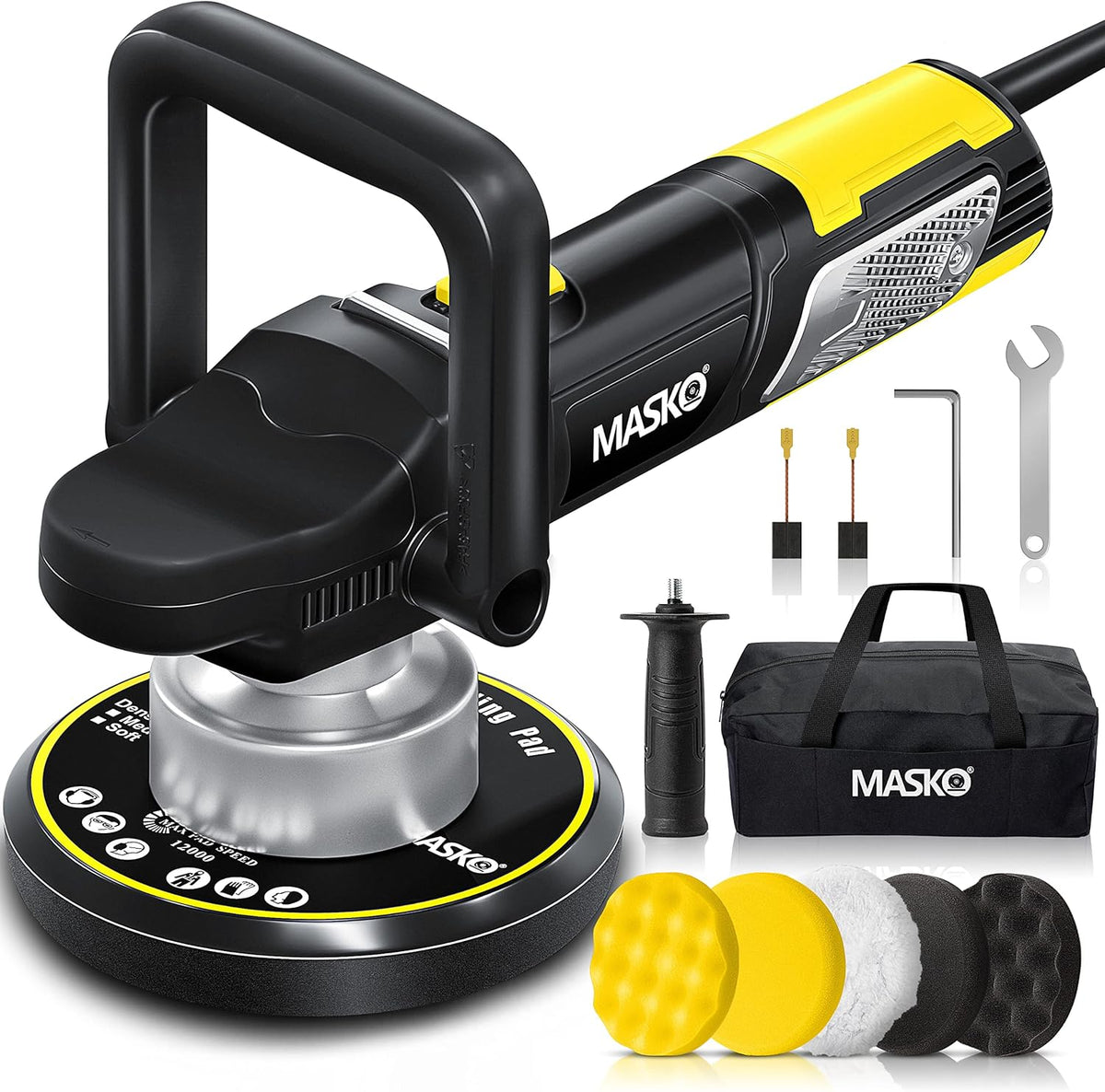MASKO® Polijstmachine XXL-set 900 W excentrische polijstmachine 6 snelheden hoekpolijstmachine met 5 polijstsponzen 150 mm + tas afneembare D-handgreep en zijgreep, 3 m kabel, polijsten auto boot