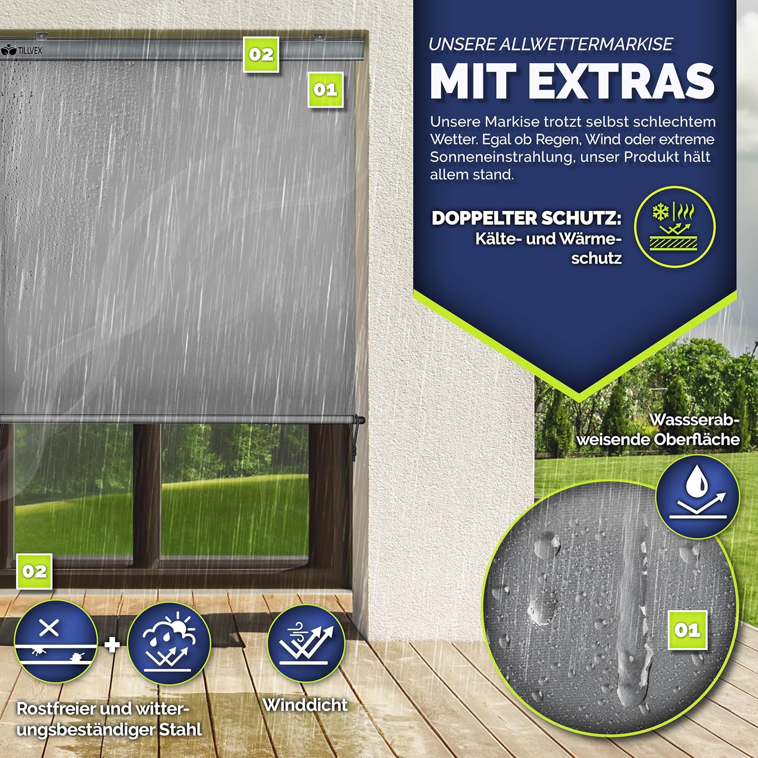tillvex® Verticale zonwering, 200 x 250 cm, voor buiten en binnen, buitenrolgordijn, waterdicht, met handslinger, voor balkon, terras en tuin, balkonrolgordijn, zonwering van aluminium, rolgordijn met