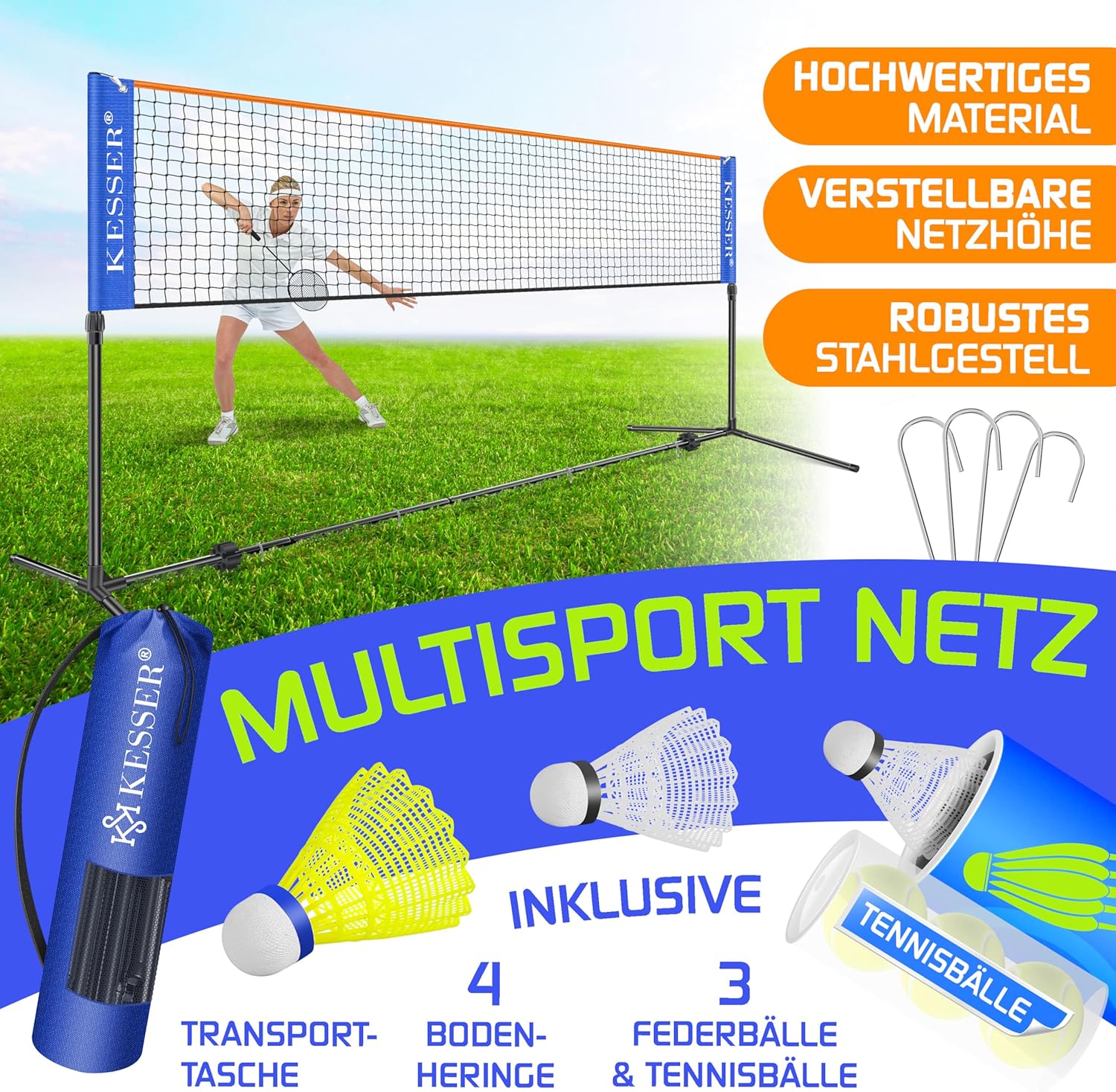 KESSER® Badmintonnet - Tennisnet - Volleybalnet - Verstelbaar - 300CM