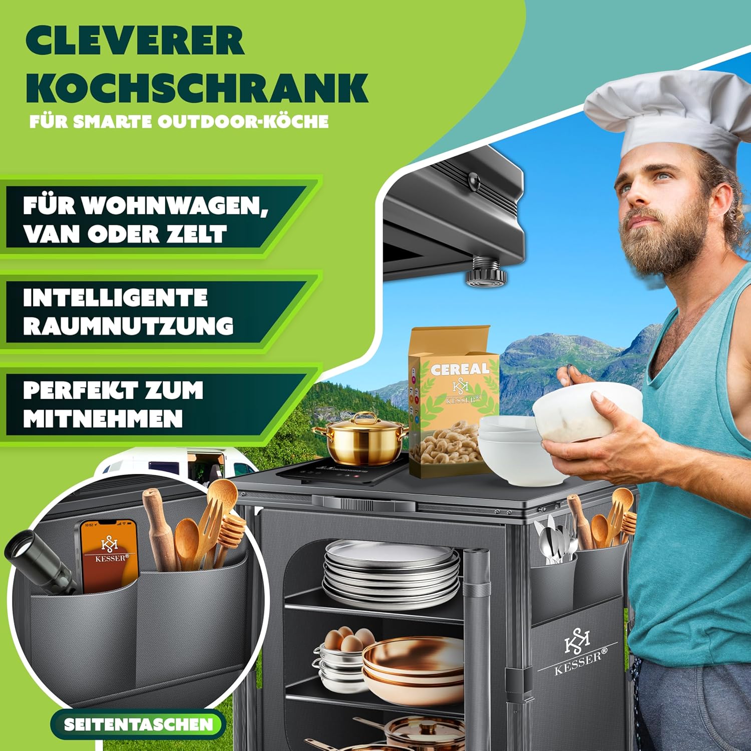 KESSER® Campingkeuken, opvouwbaar, outdoor campingkast, 60 x 80 cm, keukenkast met aluminium frame, 3 vakken incl. 4-delige bekerset, zijvakken en vliegengaas, campingkeuken van UV-bestendige stof