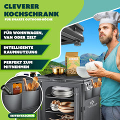 KESSER® Campingkeuken, opvouwbaar, outdoor campingkast, 60 x 80 cm, keukenkast met aluminium frame, 3 vakken incl. 4-delige bekerset, zijvakken en vliegengaas, campingkeuken van UV-bestendige stof