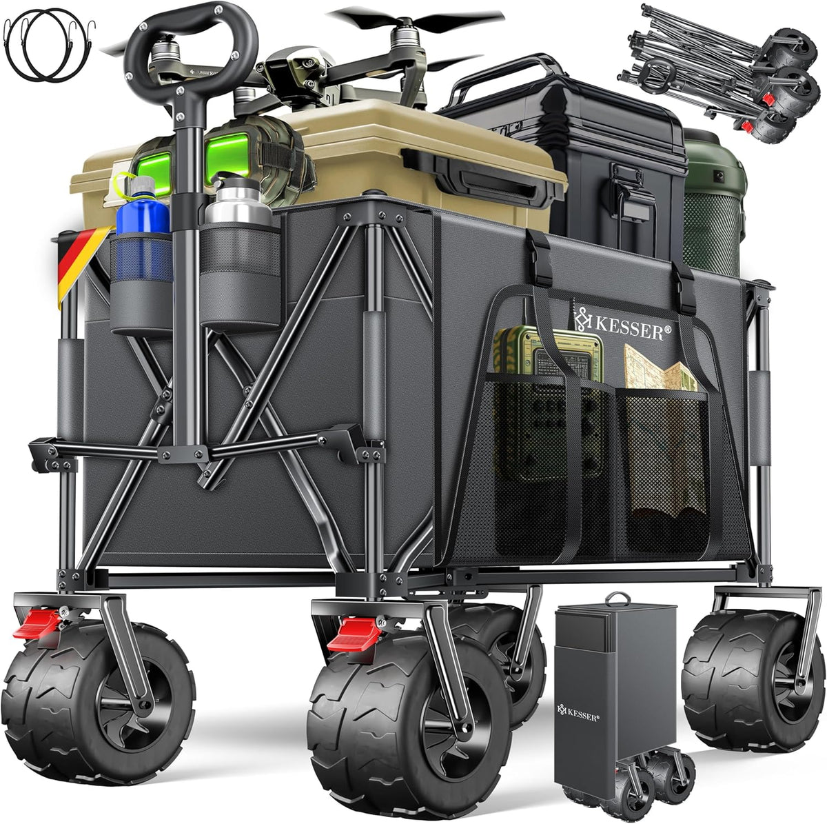KESSER® Bolderkar, GTR9000, handwagen, 200 kg, 300 liter, opvouwbaar, brede 360° luchtwielen en parkeerremmen, weerbestendig, strandwagen, incl. afdekking, zijzak en bekerhouder