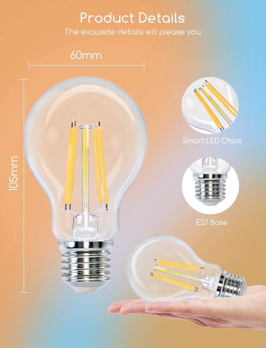 Aigostar LED Filament lamp - Dimbaar - 6W - E27 - 6 Stuks
